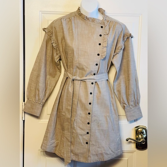 Joie Iggy Ruffle Cotton Minidress Women's XS Oatmeal Round Neck Dropped Shoulder - Picture 1 of 14